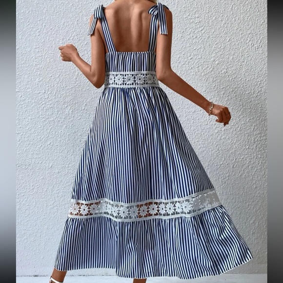 Boho Stripes Floral Lace Strap Tie Shoulder Cami Maxi Dress - Picture 8 of 12